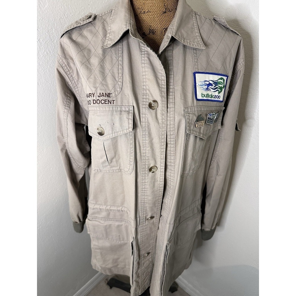 Cabelas Tan Safari Utility Field Coat Jacket Animal Patches & Zoo Buttons- SZ M